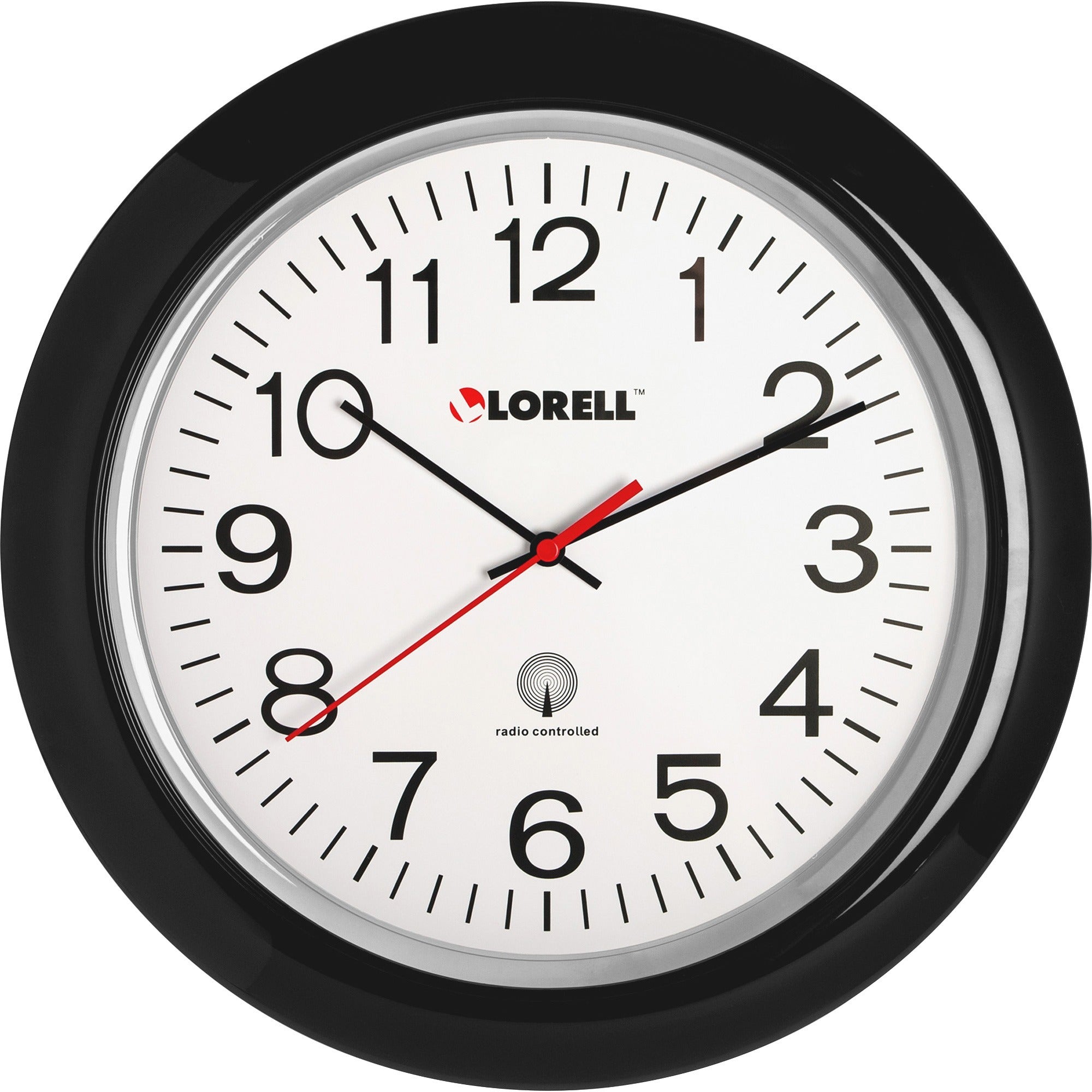 Lorell 13-1/4" Radio-Controlled Wall Clock - Analog - Quartz - White Main Dial - Black/Plastic Case - 