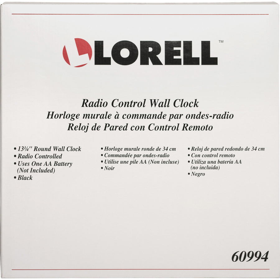 Lorell 13-1/4" Radio-Controlled Wall Clock - Analog - Quartz - White Main Dial - Black/Plastic Case - 