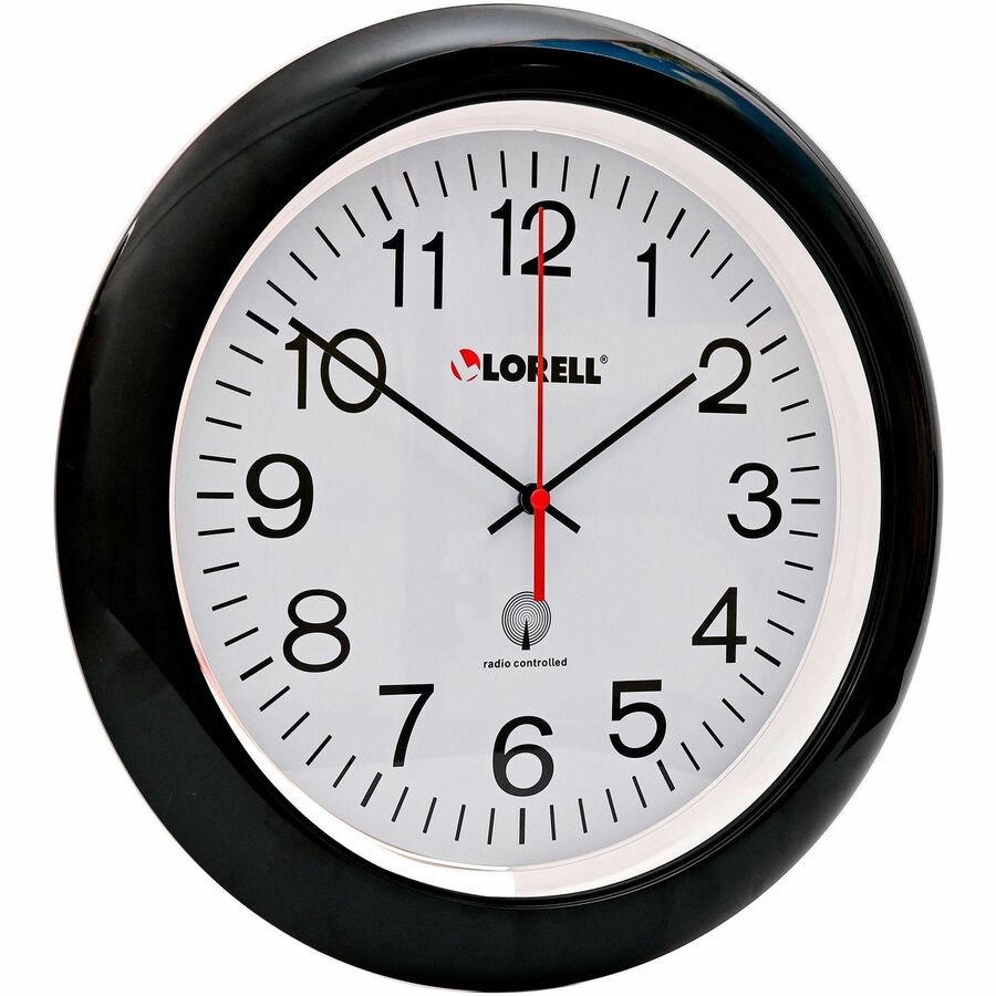 Lorell 13-1/4" Radio-Controlled Wall Clock - Analog - Quartz - White Main Dial - Black/Plastic Case