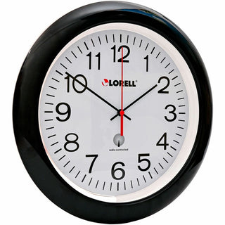 Lorell 13-1/4" Radio-Controlled Wall Clock - Analog - Quartz - White Main Dial - Black/Plastic Case