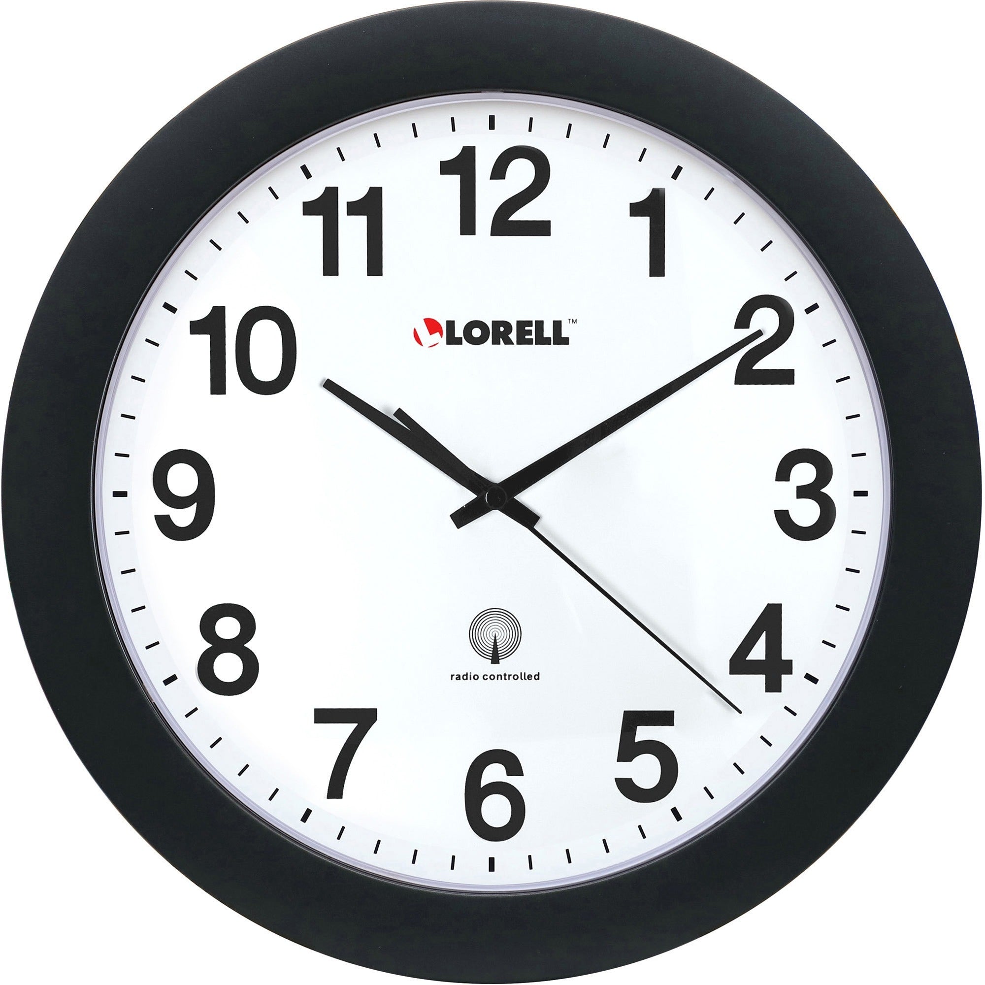 Lorell 12" Round Radio-Controlled Wall Clock - Analog - Quartz - White Main Dial - Black/Plastic Case - 