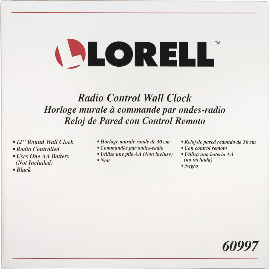 Lorell 12" Round Radio-Controlled Wall Clock - Analog - Quartz - White Main Dial - Black/Plastic Case - 