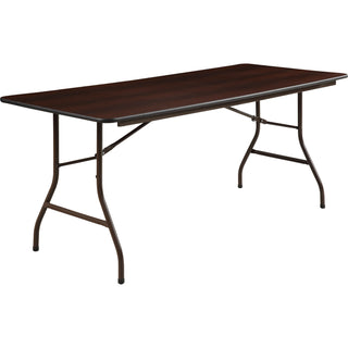 Lorell Economy Folding Table - For - Table TopMelamine Rectangle Top - 500 lb Capacity - 72" Table Top Length x 30" Table Top Width x 0.63" Table Top Thickness - 29" Height - Mahogany - 1 Each