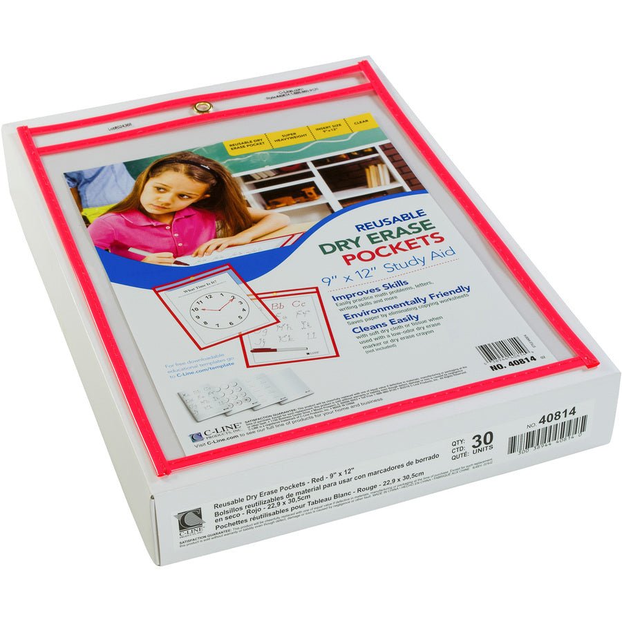 C-Line Reusable Dry Erase Pocket - Study Aid - Neon Red, 9 x 12, 40814 - 