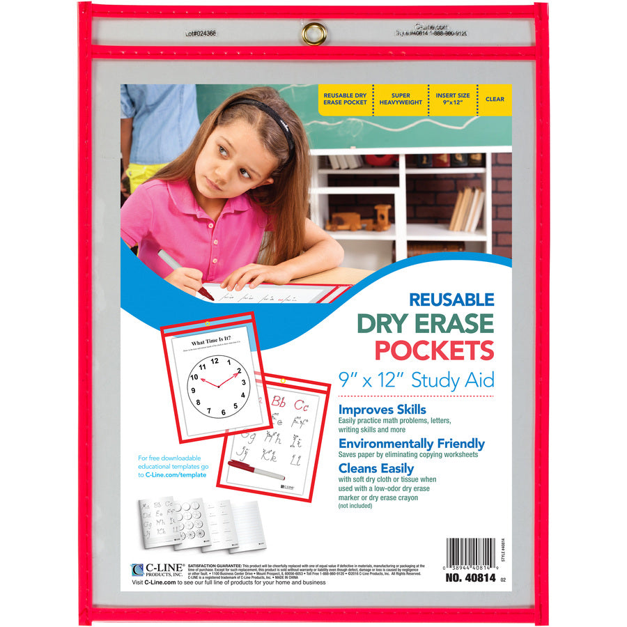 C-Line Reusable Dry Erase Pocket - Study Aid - Neon Red, 9 x 12, 40814 - 