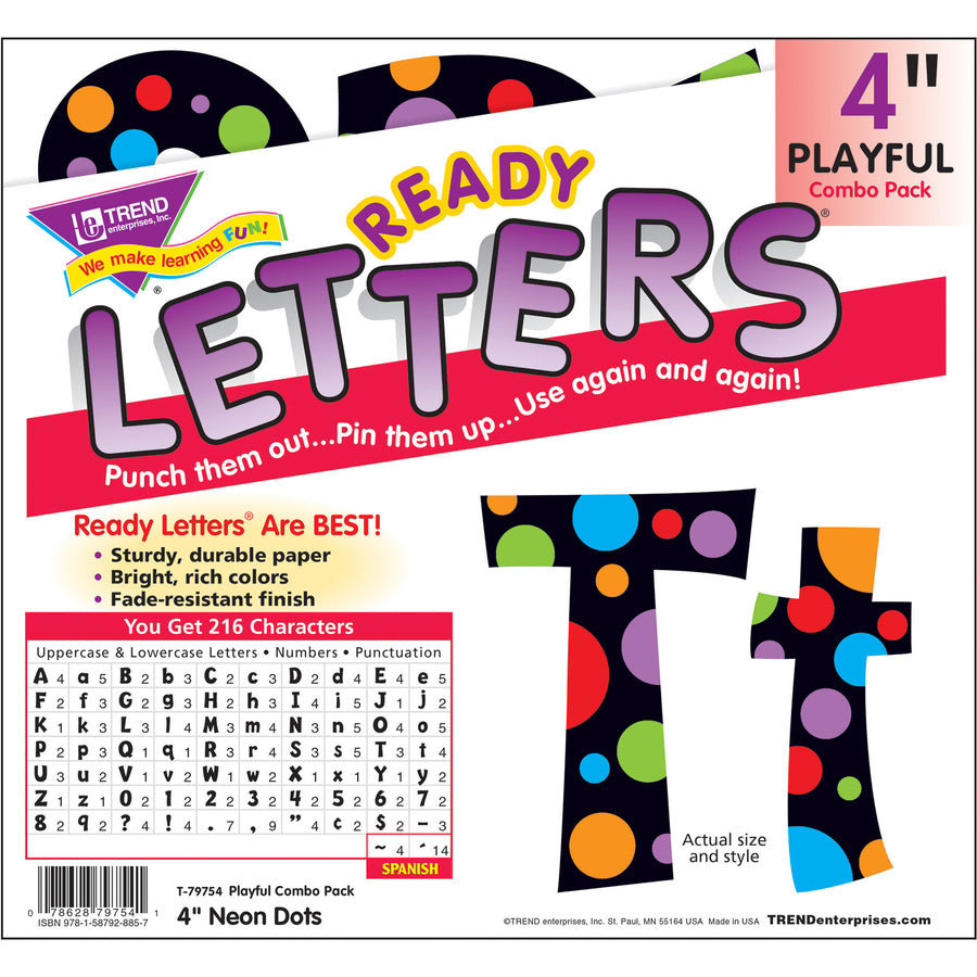 Trend Ready Letter Neon Dots - 83 x Lowercase Letters, 20 x Numbers, 36 x Punctuation Marks, 59 x Uppercase Letters, 18 x Spanish Accent Mark Shape - Pin-up - 4" Height x 8" Length - Assorted - 1 / Pack - 