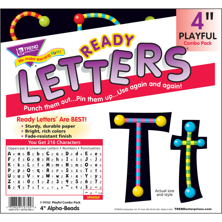 Trend 4" Ready Letter Alphabeads - 59 x Uppercase Letters, 20 x Numbers, 38 x Punctuation Marks, 83 x Lowercase Letters, 18 x Spanish Accent Mark Shape - Pin-up - 4" Height x 8" Length - Assorted - 1 / Pack - 