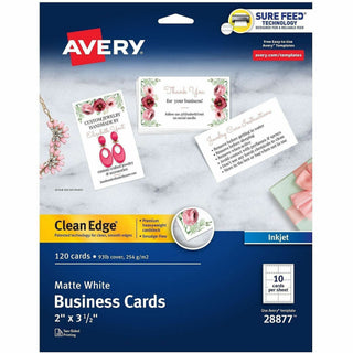 Avery Clean Edge Business Cards, 2" x 3.5" , White, 120 (28877) - 110 Brightness - A8 - 2" x 3 1/2" - 93 lb Basis Weight - 254 g/m2 Grammage - Matte - 120 / Pack - FSC Mix - Rounded Corner, Smooth Edge, Unperforated - White