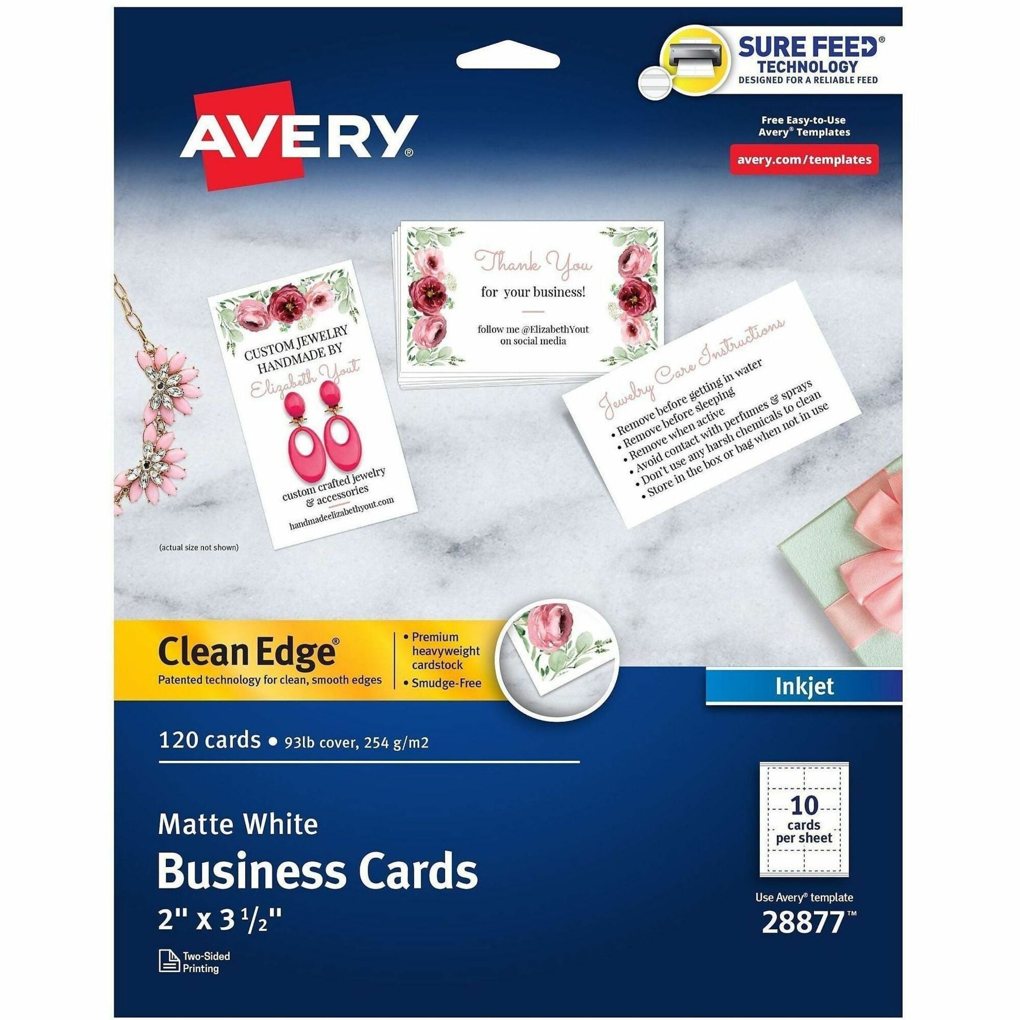 Avery Clean Edge Business Cards, 2" x 3.5" , White, 120 (28877) - 110 Brightness - A8 - 2" x 3 1/2" - 93 lb Basis Weight - 254 g/m2 Grammage - Matte - 120 / Pack - FSC Mix - Rounded Corner, Smooth Edge, Unperforated - White
