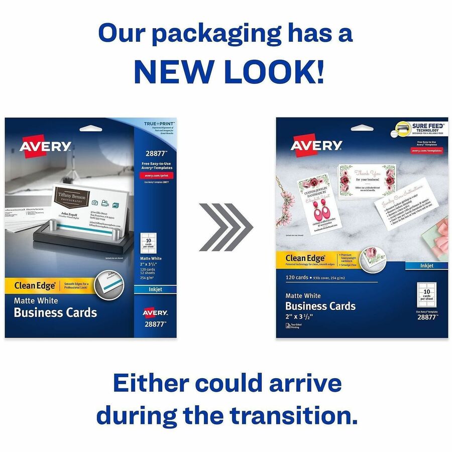 Avery Clean Edge Business Cards, 2" x 3.5" , White, 120 (28877) - 110 Brightness - A8 - 2" x 3 1/2" - 93 lb Basis Weight - 254 g/m2 Grammage - Matte - 120 / Pack - FSC Mix - Rounded Corner, Smooth Edge, Unperforated - White