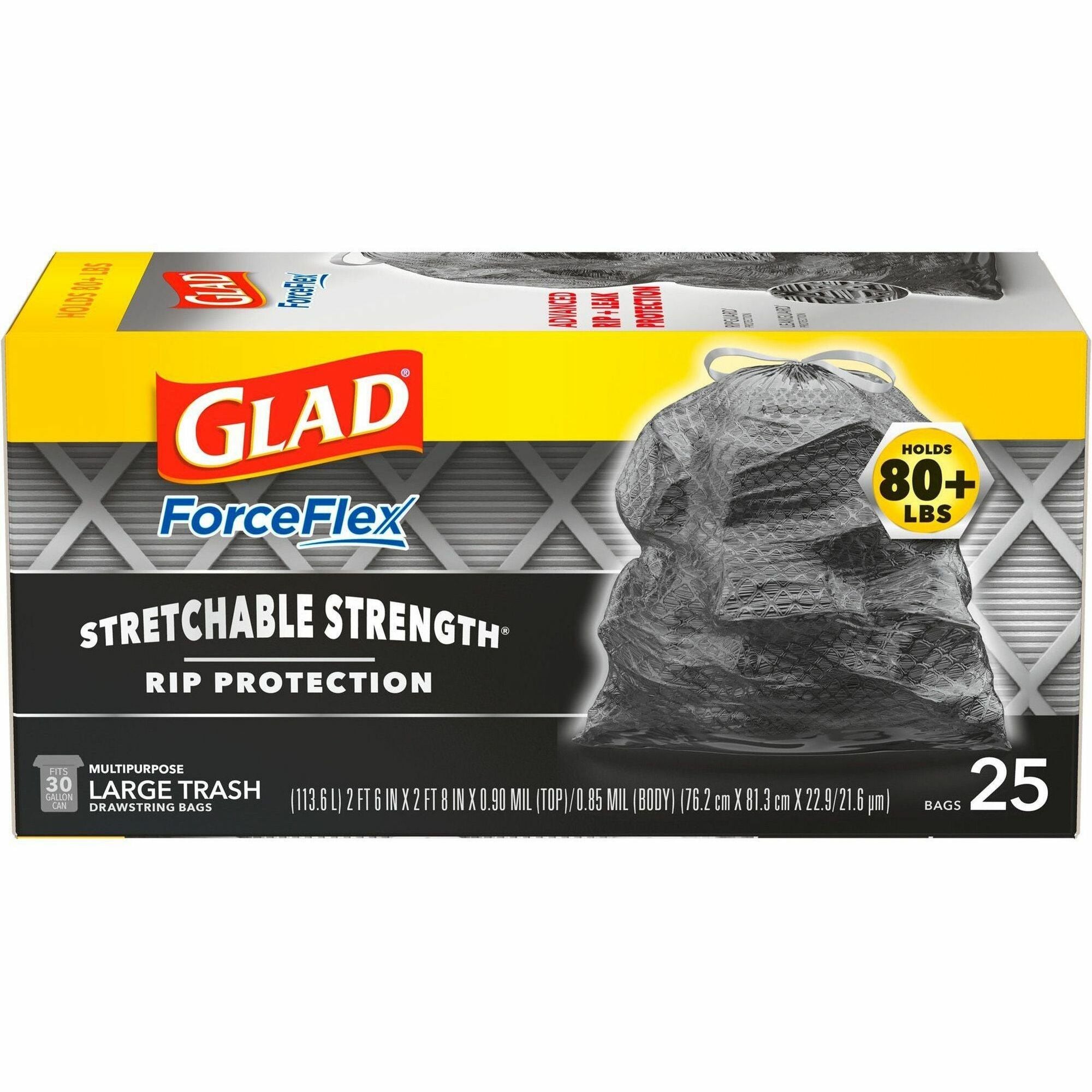 Glad ForceFlexPlus Large Drawstring Trash Bags - Large Size - 30 gal Capacity - 24.02" Width x 24.88" Length - Drawstring Closure - Black - 1Each - 25 Per Box - Home, Office, Can - 1