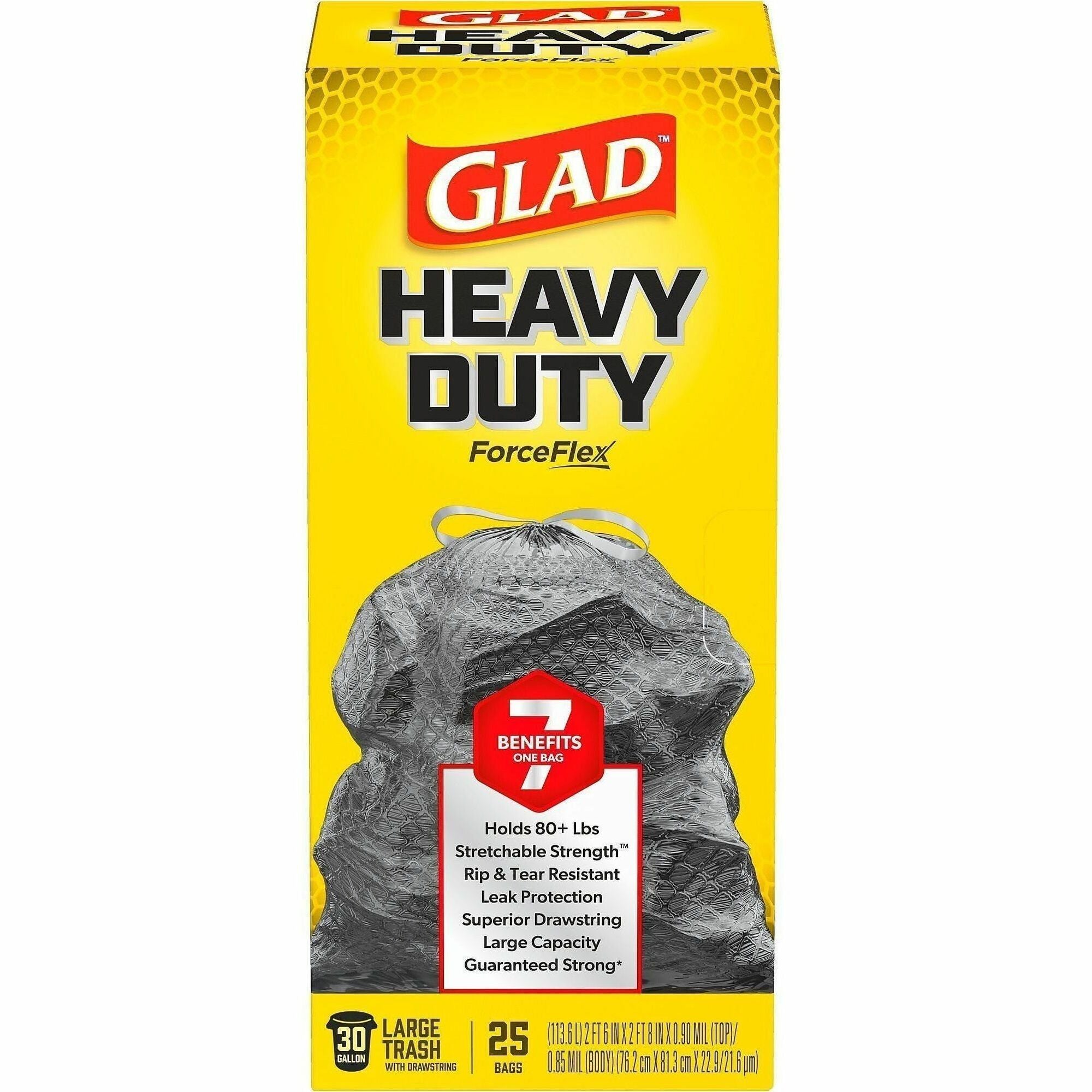 Glad ForceFlexPlus Large Drawstring Trash Bags - Large Size - 30 gal Capacity - 24.02" Width x 24.88" Length - Drawstring Closure - Black - 1Each - 25 Per Box - Home, Office, Can