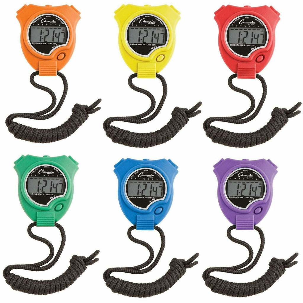Water-Resistant Stopwatches, Accurate to 1/100 Second, Assorted Colors, 6/Box