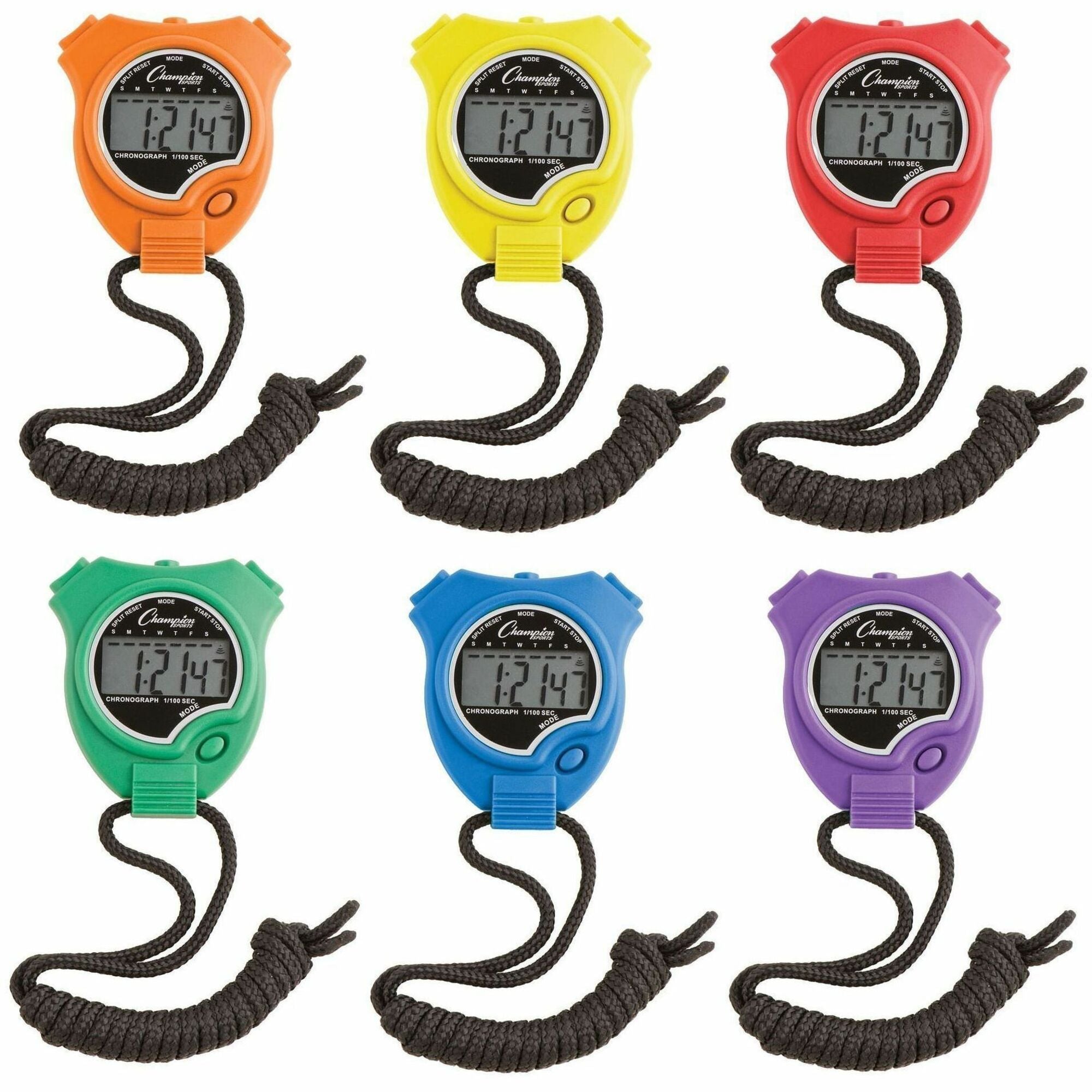 Water-Resistant Stopwatches, Accurate to 1/100 Second, Assorted Colors, 6/Box
