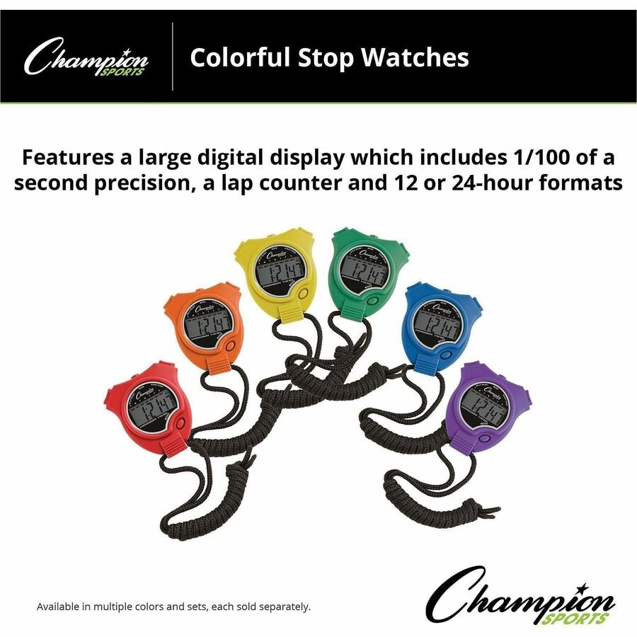 Water-Resistant Stopwatches, Accurate to 1/100 Second, Assorted Colors, 6/Box