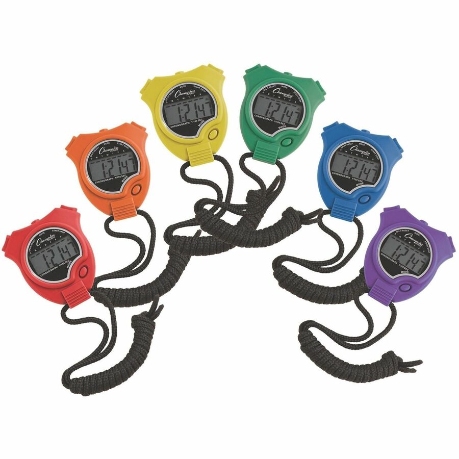 Water-Resistant Stopwatches, Accurate to 1/100 Second, Assorted Colors, 6/Box