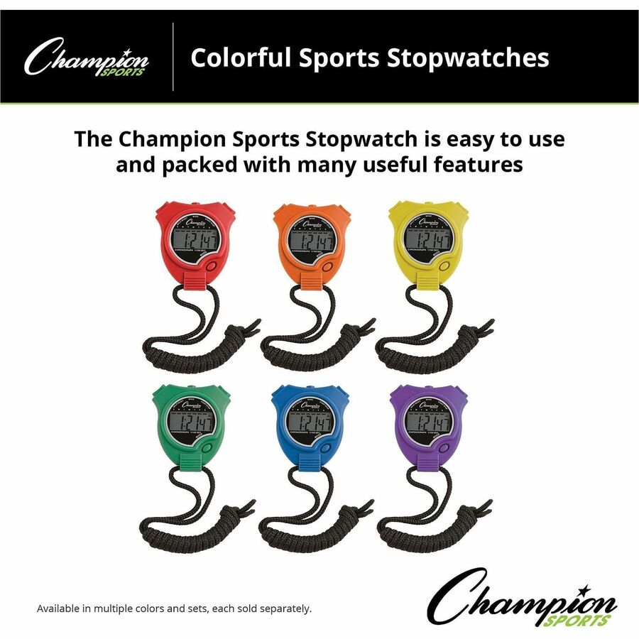 Water-Resistant Stopwatches, Accurate to 1/100 Second, Assorted Colors, 6/Box