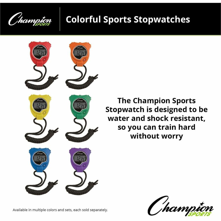 Water-Resistant Stopwatches, Accurate to 1/100 Second, Assorted Colors, 6/Box