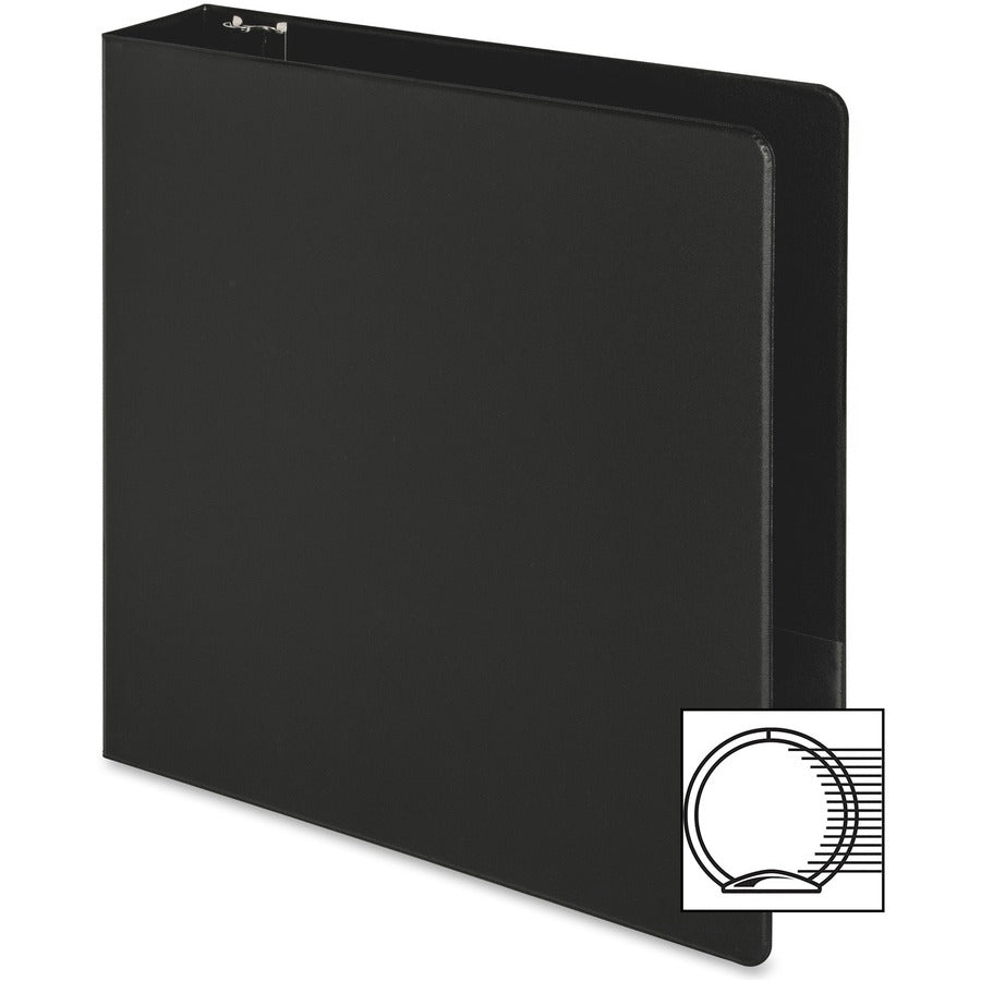Business Source Basic Round-ring Binder - 2" Binder Capacity - Letter - 8 1/2" x 11" Sheet Size - 3 x Round Ring Fastener(s) - Inside Front & Back Pocket(s) - Vinyl - Black - 1 lb - Recycled - Exposed Rivet, Non Locking Mechanism, Open and Closed Tri