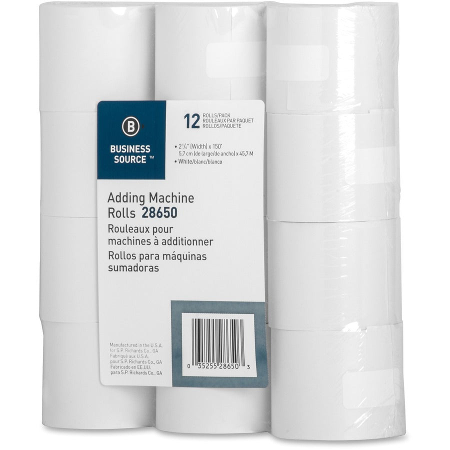 Business Source 150' Adding Machine Rolls - 2 1/4" x 150 ft - 12 / Pack - Sustainable Forestry Initiative (SFI) - Lint-free - White