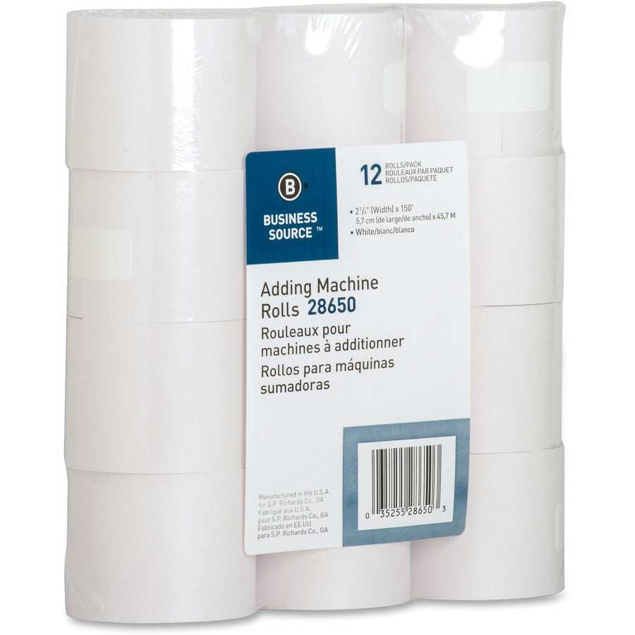 Business Source 150' Adding Machine Rolls - 2 1/4" x 150 ft - 12 / Pack - Sustainable Forestry Initiative (SFI) - Lint-free - White