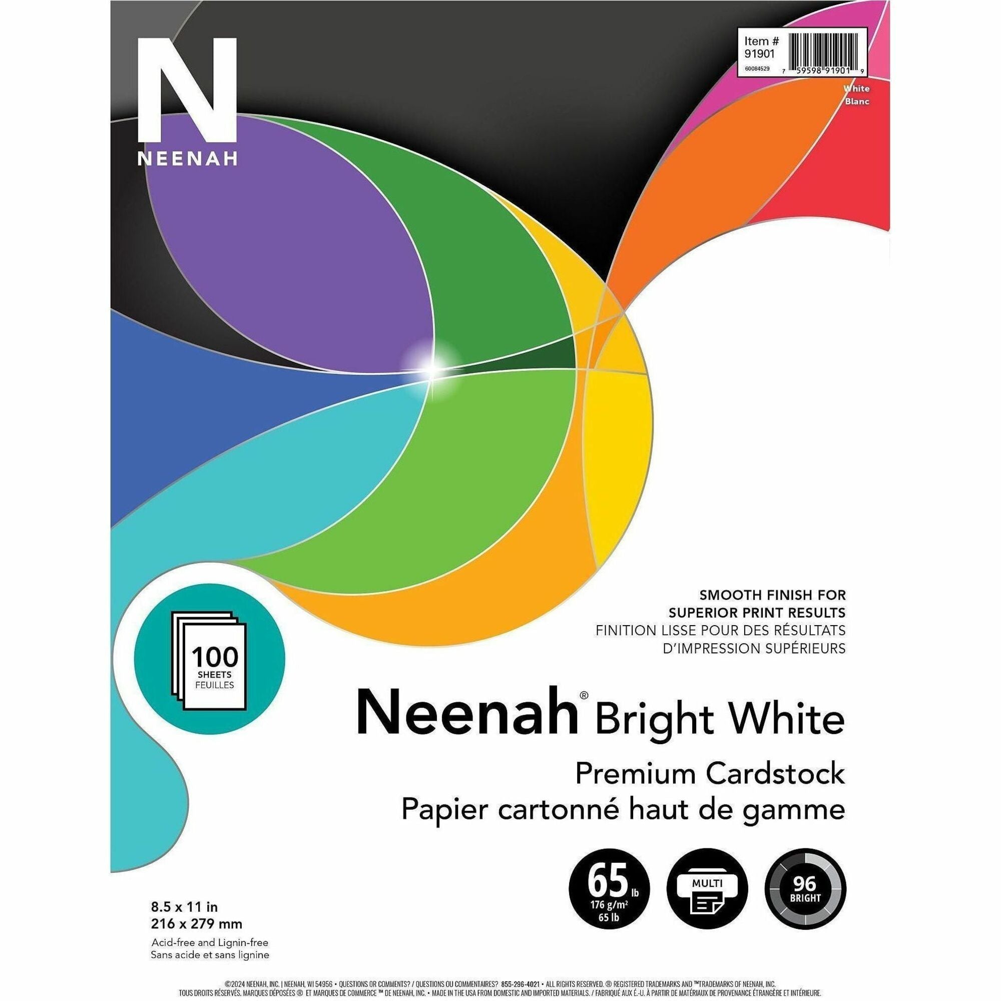 Neenah Bright White Cardstock - Letter - 8 1/2" x 11" - 65 lb Basis Weight - Smooth - 100 / Pack - Acid-free, Lignin-free - Bright White