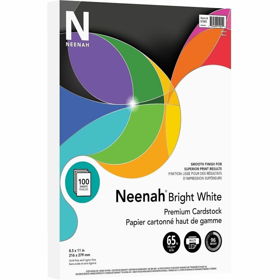 Neenah Bright White Cardstock - Letter - 8 1/2" x 11" - 65 lb Basis Weight - Smooth - 100 / Pack - Acid-free, Lignin-free - Bright White