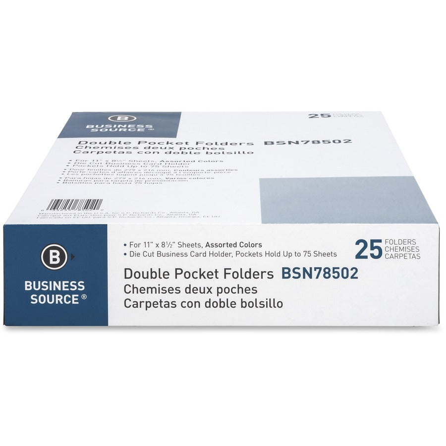 Business Source Letter Recycled Pocket Folder - 8 1/2" x 11" - 100 Sheet Capacity - 2 Internal Pocket(s) - Paper - Assorted - 35% Recycled - 25 / Box