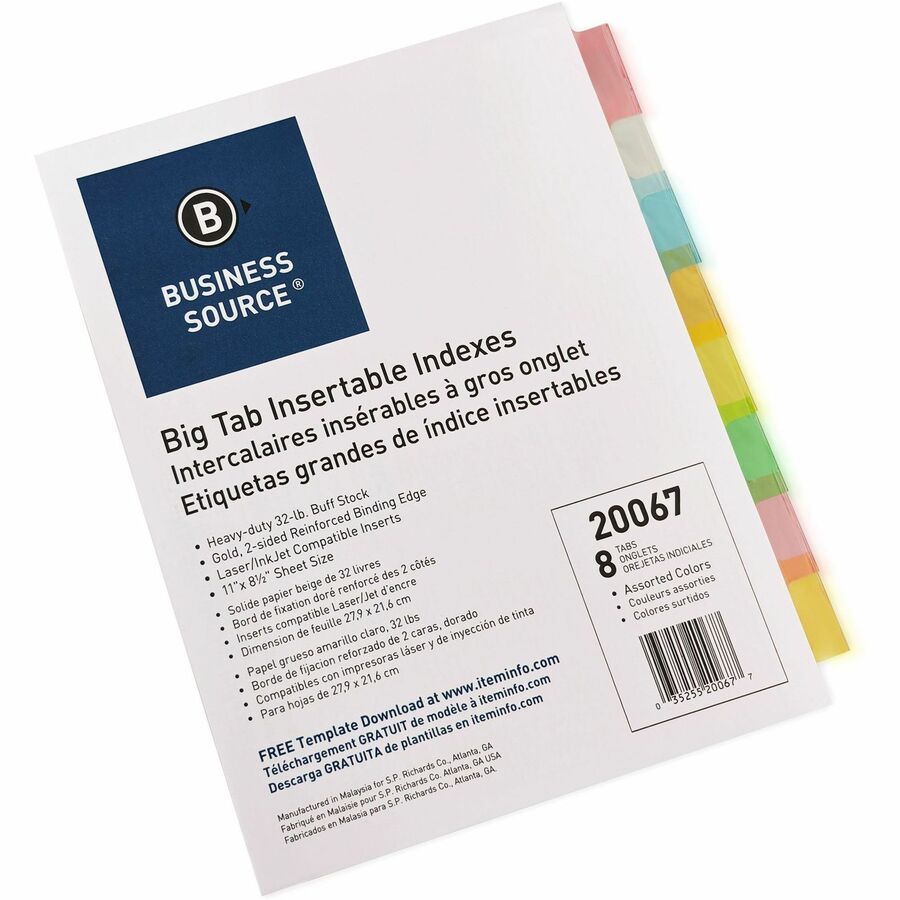 Business Source Reinforced Insertable Tab Indexes - 8 x Divider(s) - 8 Tab(s)/Set1.50" Tab Width - 8.5" Divider Width x 11" Divider Length - Letter - 3 Hole Punched - Buff Divider - Manila Tab(s) - Mylar Reinforcement, Insertable, Reinforced Edges, P