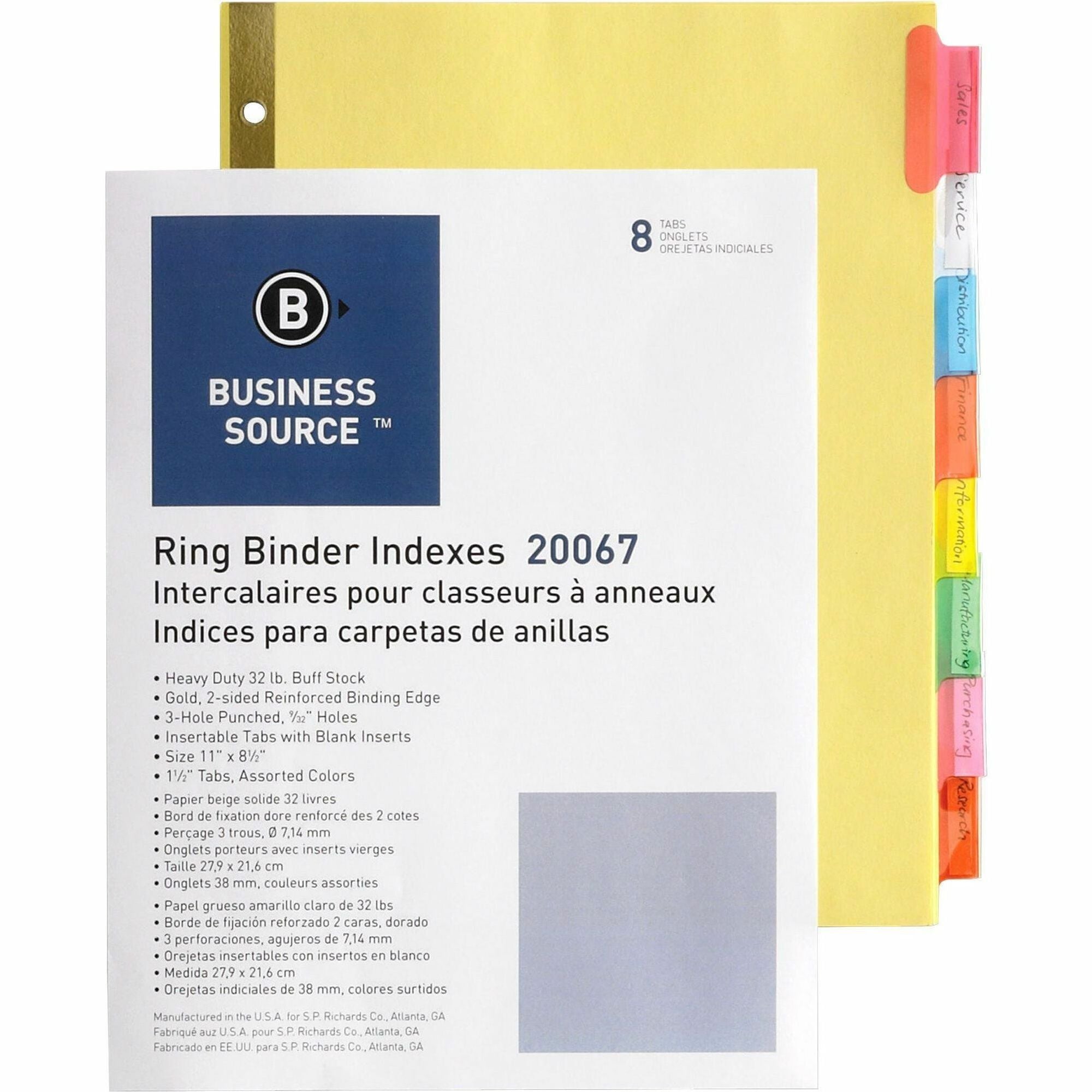 Business Source Reinforced Insertable Tab Indexes - 8 x Divider(s) - 8 Tab(s)/Set1.50" Tab Width - 8.5" Divider Width x 11" Divider Length - Letter - 3 Hole Punched - Buff Divider - Manila Tab(s) - Mylar Reinforcement, Insertable, Reinforced Edges, P