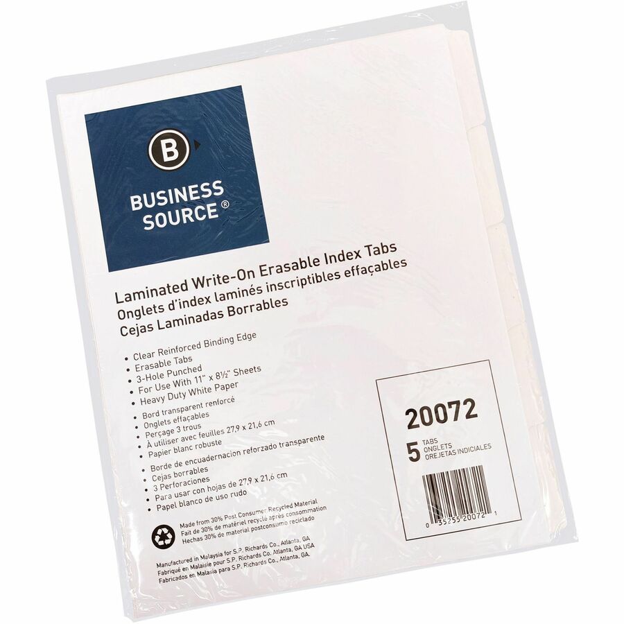 Business Source 3-Ring 5-Tab Erasable Tab Indexes - 5 Write-on Tab(s)2" Tab Width - 8.5" Divider Width x 11" Divider Length - Letter - 3 Hole Punched - White Divider - Mylar Tab(s) - Recycled - Erasable, Reinforced Edges, Punched, Laminated Tab - 5 /