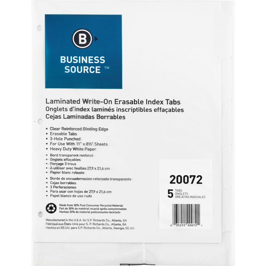 Business Source 3-Ring 5-Tab Erasable Tab Indexes - 5 Write-on Tab(s)2" Tab Width - 8.5" Divider Width x 11" Divider Length - Letter - 3 Hole Punched - White Divider - Mylar Tab(s) - Recycled - Erasable, Reinforced Edges, Punched, Laminated Tab - 5 / - 