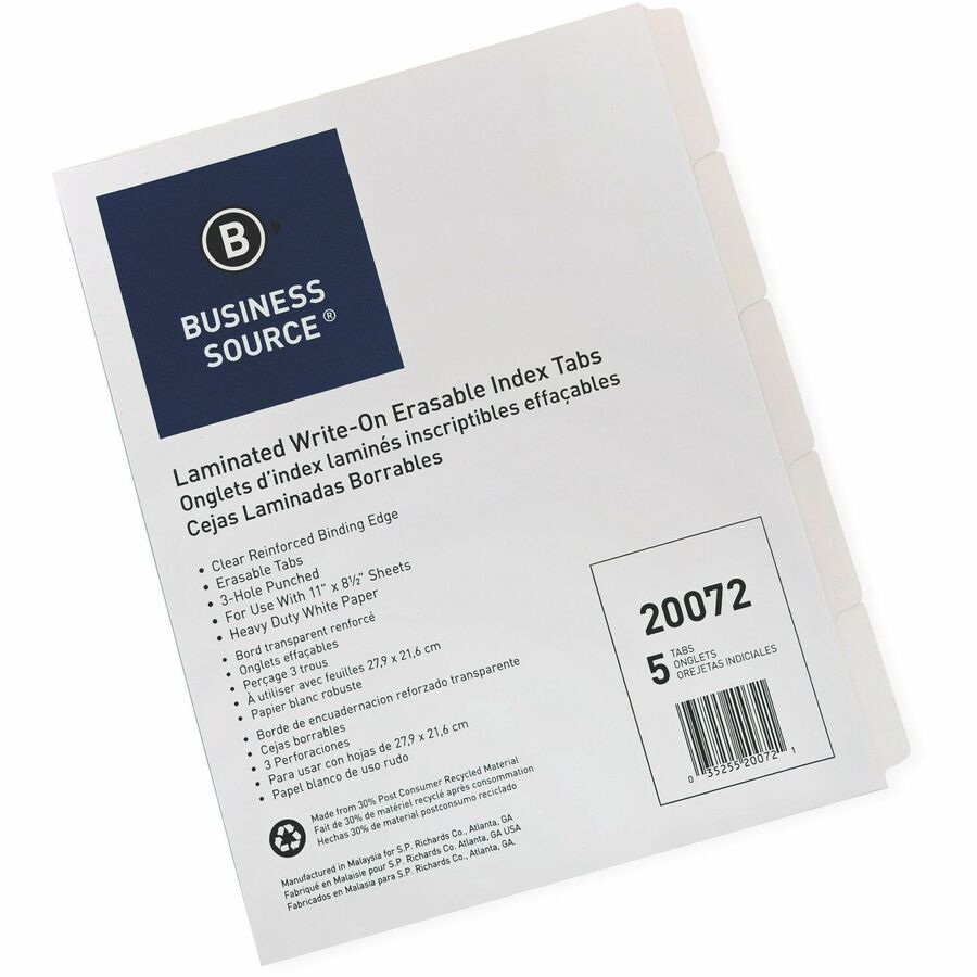 Business Source 3-Ring 5-Tab Erasable Tab Indexes - 5 Write-on Tab(s)2" Tab Width - 8.5" Divider Width x 11" Divider Length - Letter - 3 Hole Punched - White Divider - Mylar Tab(s) - Recycled - Erasable, Reinforced Edges, Punched, Laminated Tab - 5 /