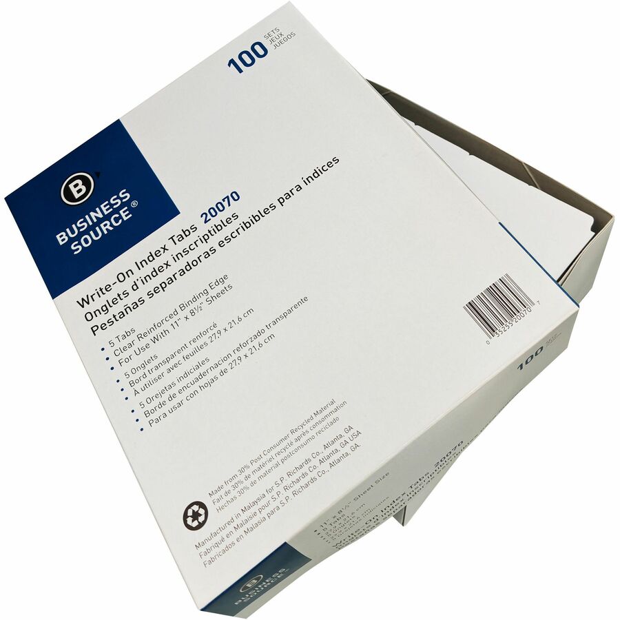 Business Source 3-Ring Plain Tab Indexes - 5 Write-on Tab(s)2" Tab Width - 8.5" Divider Width x 11" Divider Length - Letter - 3 Hole Punched - White Divider - Recycled - Mylar Reinforced Edge, Punched - 100 / Box
