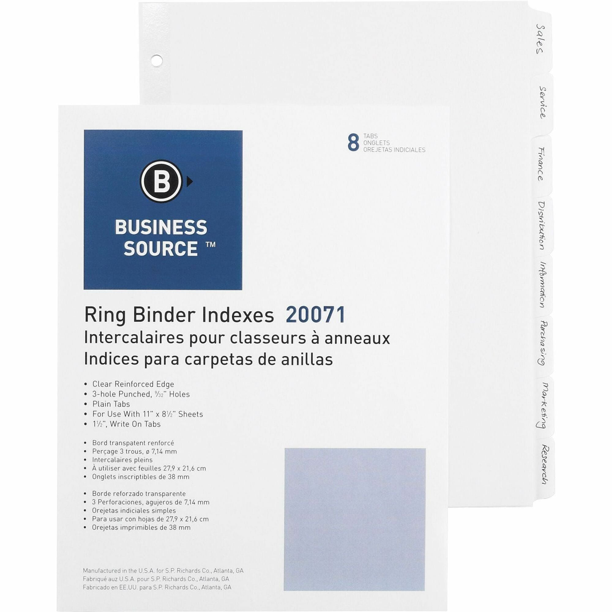 Business Source 3-Ring Plain Tab Indexes - 8 Write-on Tab(s)1.25" Tab Width - 8.5" Divider Width x 11" Divider Length - Letter - 3 Hole Punched - White Divider - Recycled - Punched, Mylar Reinforced Edge - 100 / Box - 