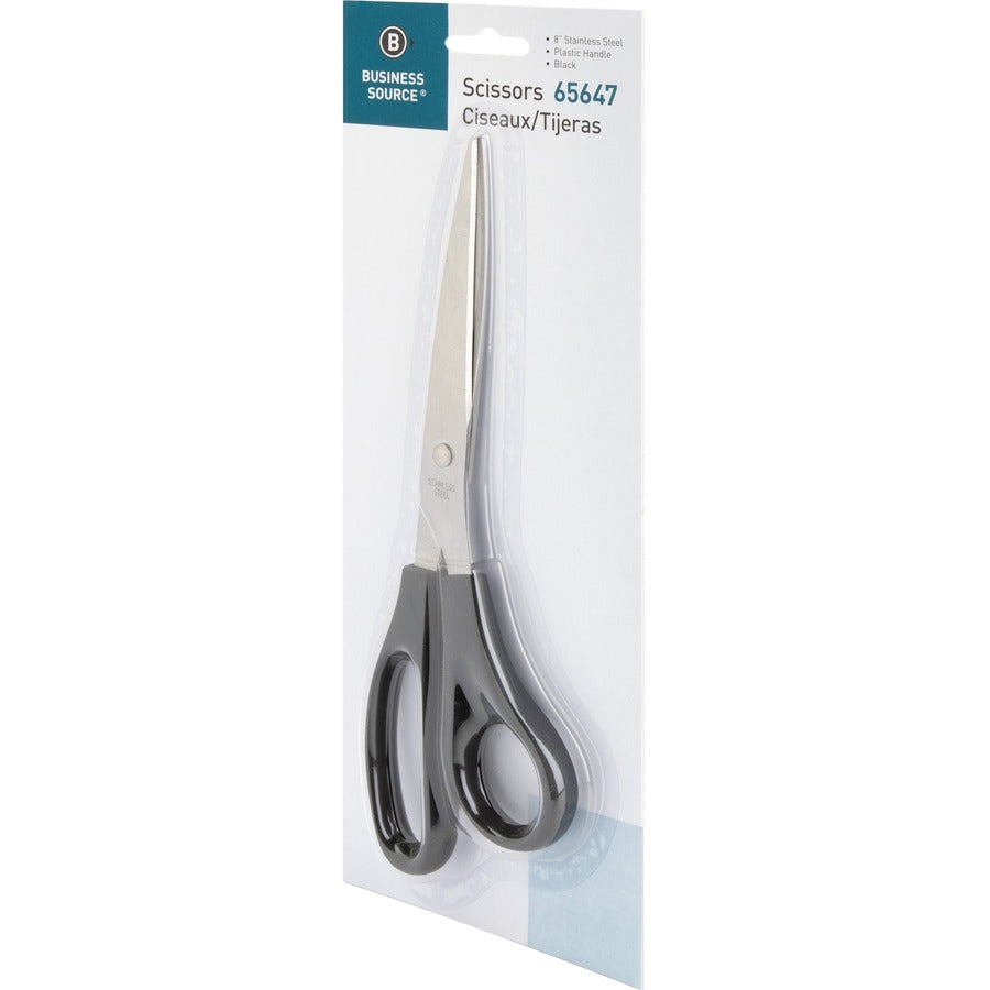 Business Source Stainless Steel Scissors - 8" Overall Length - Bent-right - Stainless Steel - Black - 1 Each