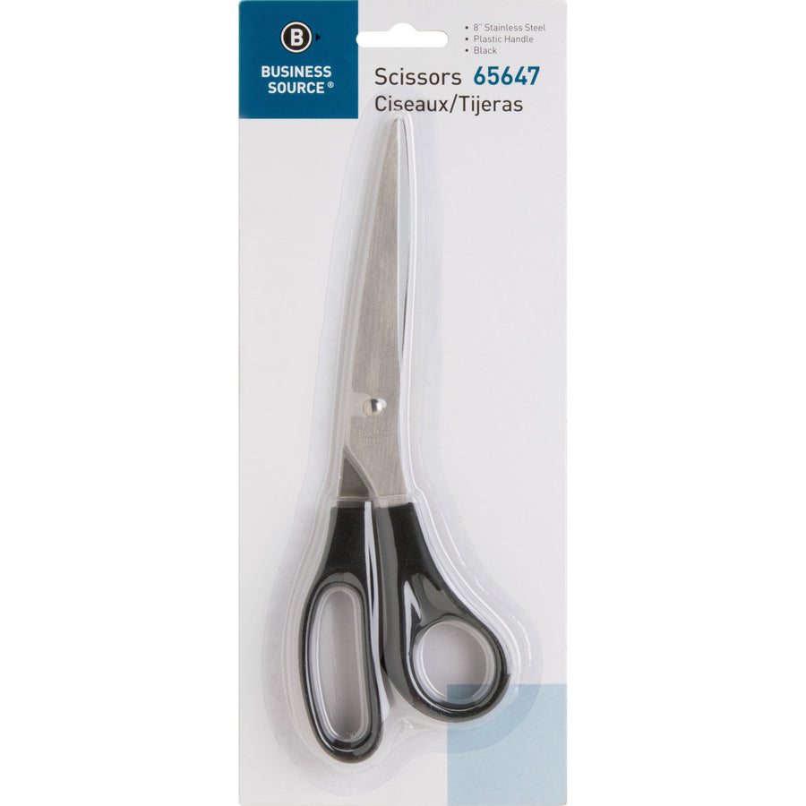 Business Source Stainless Steel Scissors - 8" Overall Length - Bent-right - Stainless Steel - Black - 1 Each - 