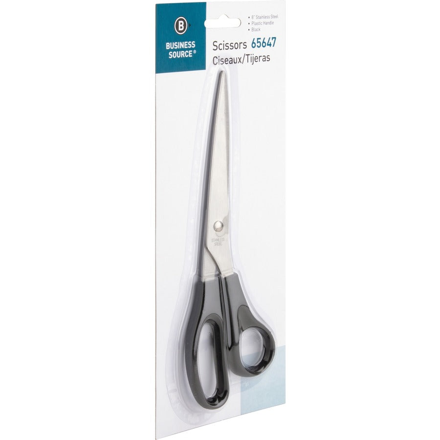 Business Source Stainless Steel Scissors - 8" Overall Length - Bent-right - Stainless Steel - Black - 1 Each
