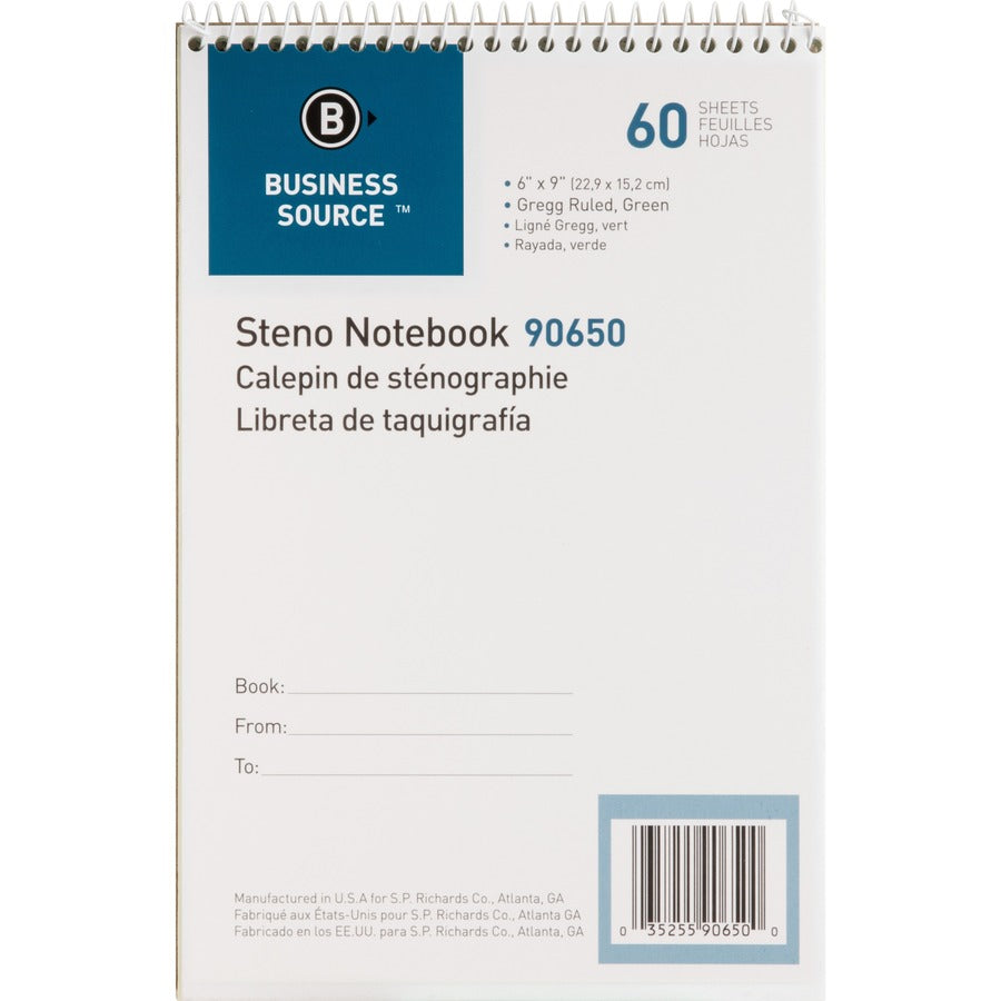 Business Source Steno Notebook - 60 Sheets - Coilock - Gregg Ruled Margin - 6" x 9" - Green Tint Paper - Stiff-back, Sturdy - 1 Each