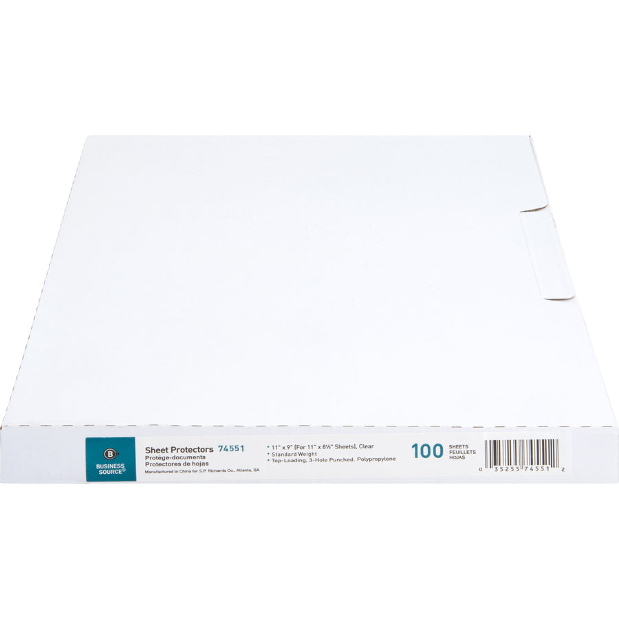 Business Source Top-Loading Poly Sheet Protectors - 11" Height x 9" Width - 1.9 mil Thickness - For Letter 8 1/2" x 11" Sheet - 3 x Holes - Ring Binder - Rectangular - Clear - Polypropylene - 100 / Box - 