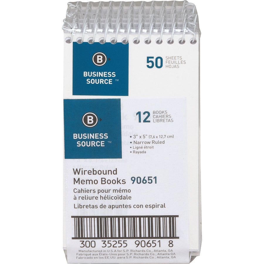 Business Source Wirebound Memo Books - 50 Sheet(s) - Wire Bound - 5" x 3" Sheet Size - White - White Sheet(s) - 1 Dozen - 