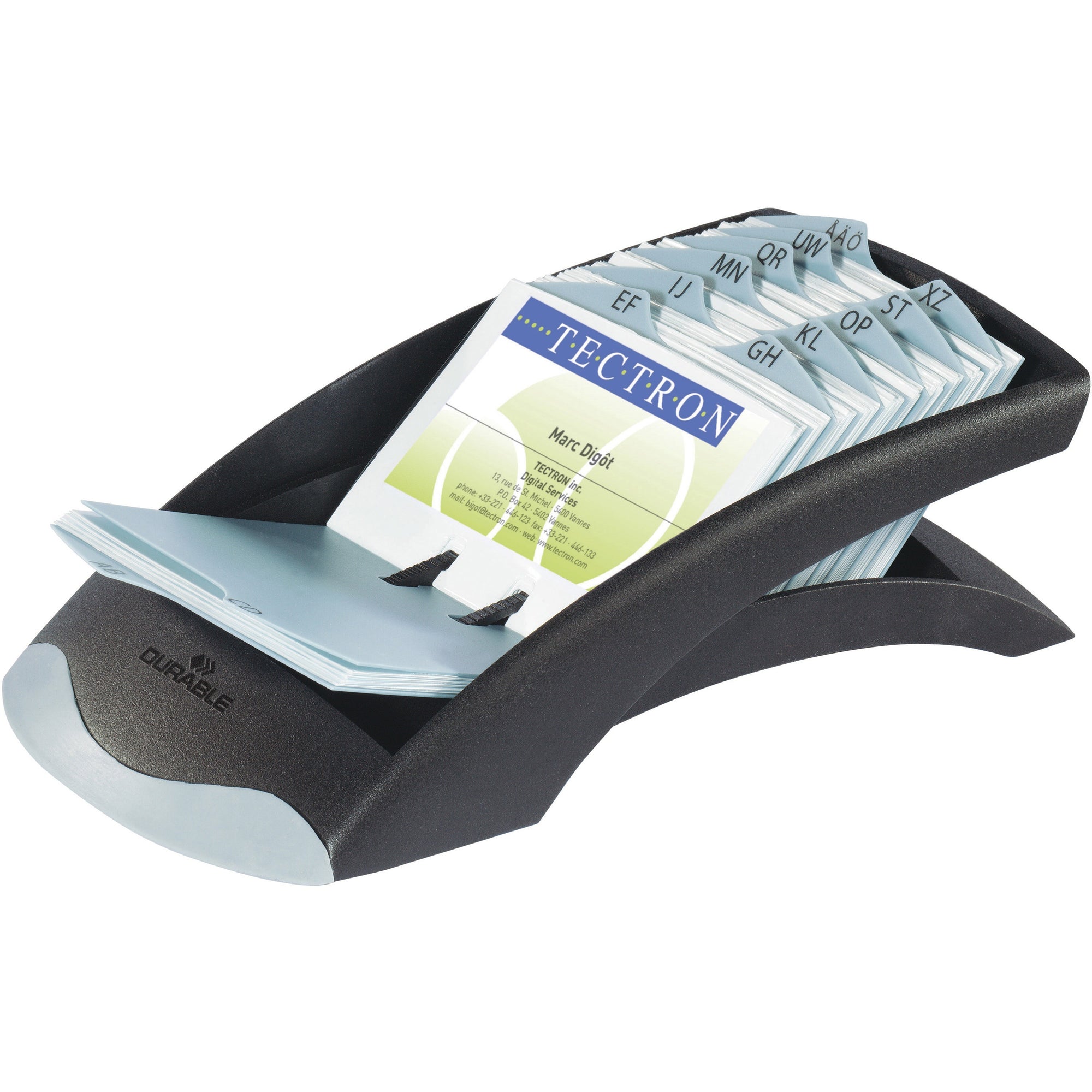 VISIFIX Desk Business Card File, Holds 200 2.88 x 4.13 Cards, 5 x 9.31 x 3.56, Plastic, Graphite/Black