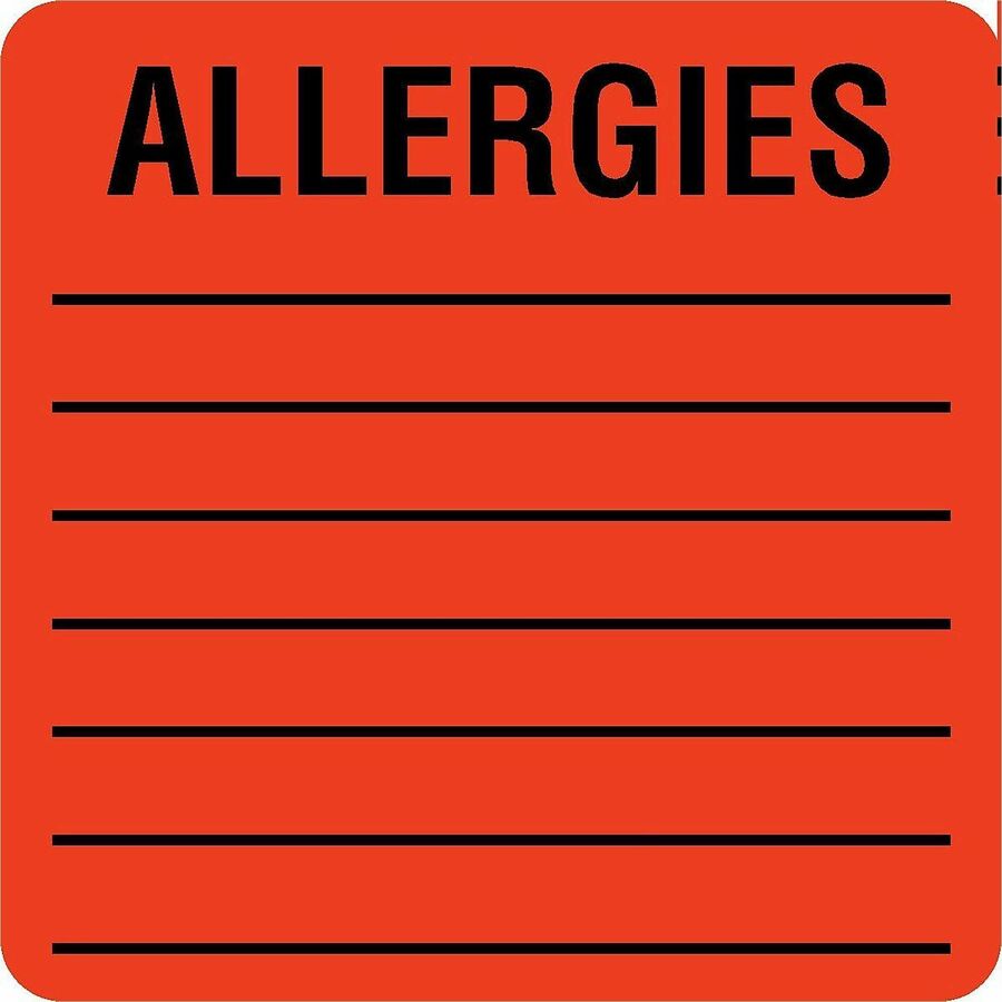 Allergy Warning Labels, ALLERGIES, 2 x 2, Fluorescent Red, 500/Roll