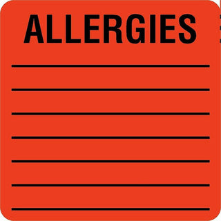 Allergy Warning Labels, ALLERGIES, 2 x 2, Fluorescent Red, 500/Roll