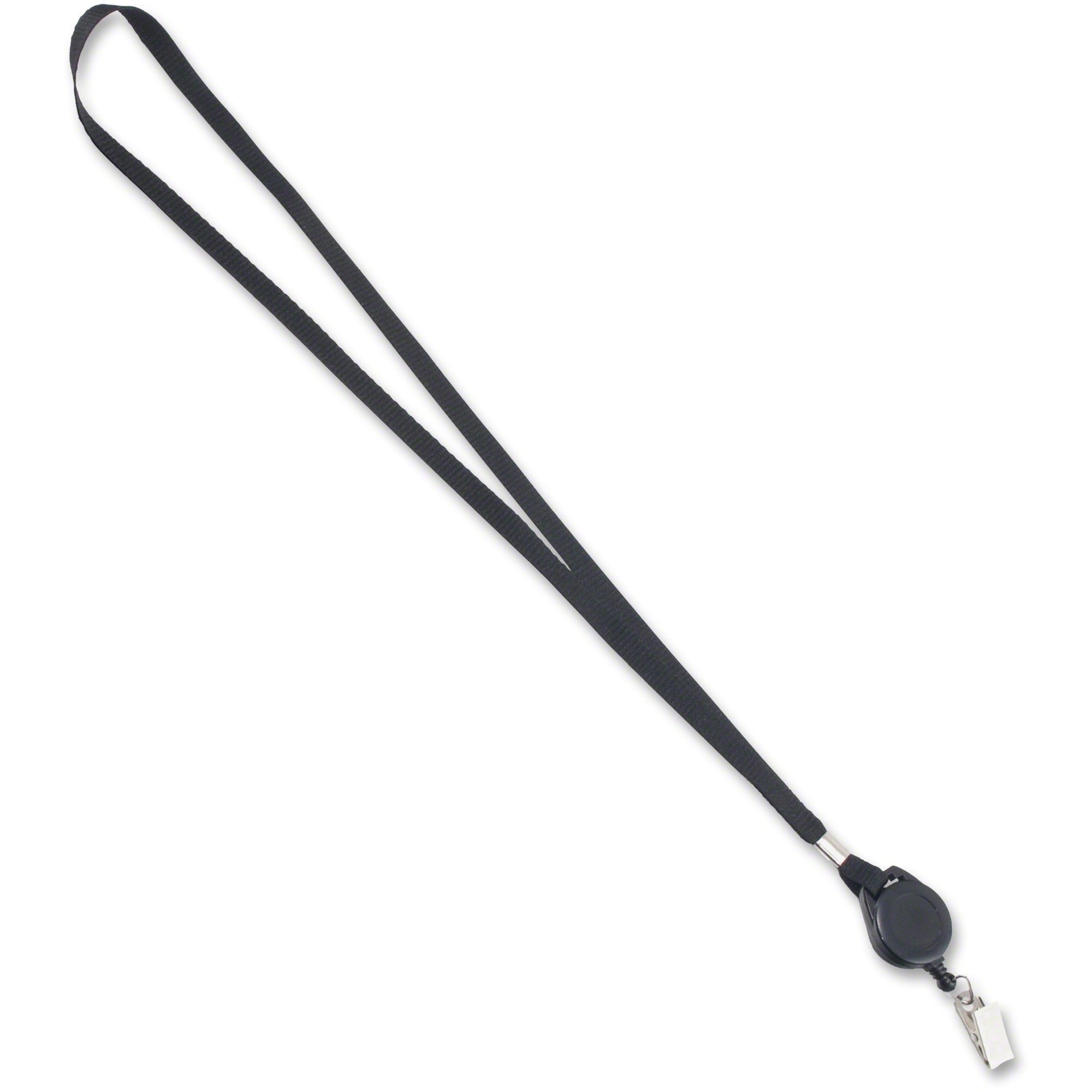Lanyards with Retractable ID Reels, Metal Clip Fastener, 34" Long, Black, 12/Pack