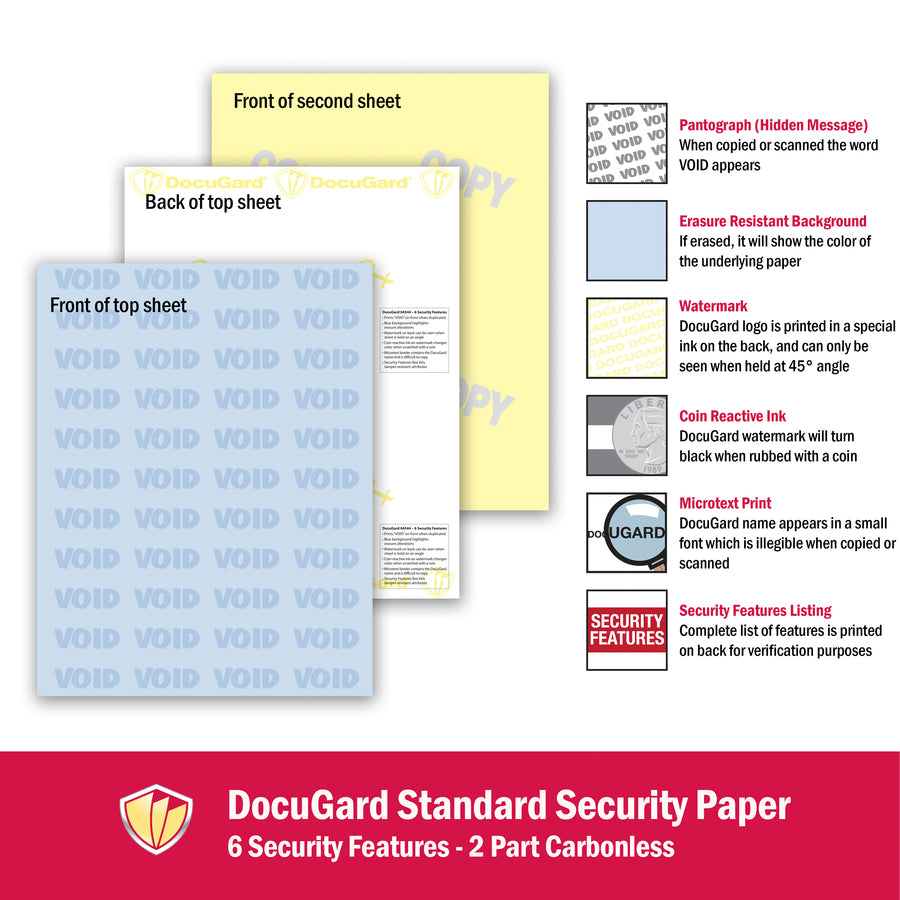 DocuGard Standard 2-part Medical Security Paper - Letter - 8 1/2" x 11" - 24 lb Basis Weight - 250 / Pack - Tamper Resistant, Pantograph, Erasure Protection, Watermarked, Security Features Listing, Coin-reactive Ink, Microtext Printing, Carbonless, C