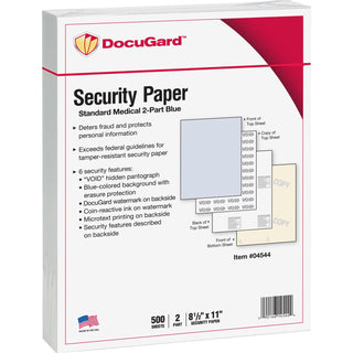 DocuGard Standard 2-part Medical Security Paper - Letter - 8 1/2" x 11" - 24 lb Basis Weight - 250 / Pack - Tamper Resistant, Pantograph, Erasure Protection, Watermarked, Security Features Listing, Coin-reactive Ink, Microtext Printing, Carbonless, C