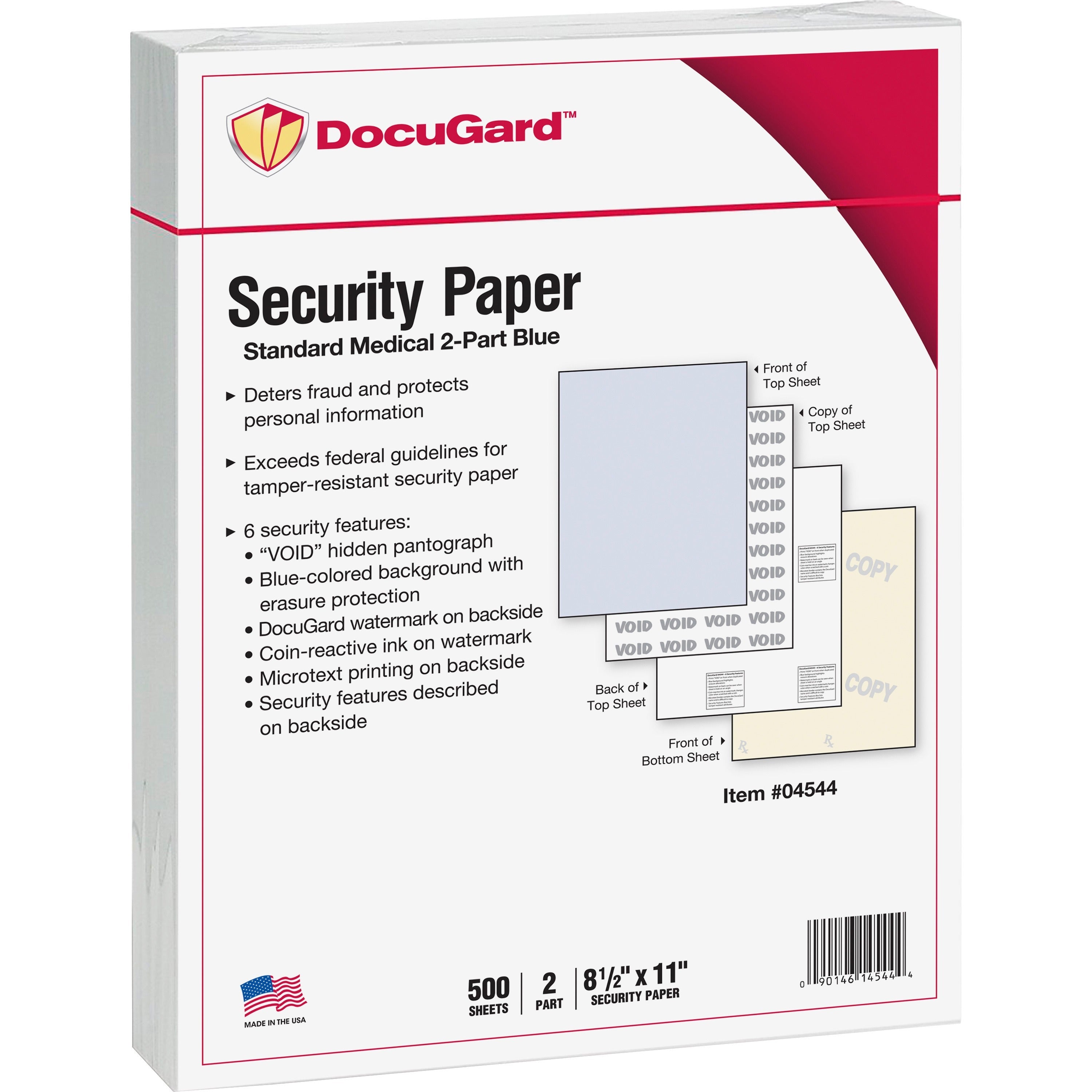 DocuGard Standard 2-part Medical Security Paper - Letter - 8 1/2" x 11" - 24 lb Basis Weight - 250 / Pack - Tamper Resistant, Pantograph, Erasure Protection, Watermarked, Security Features Listing, Coin-reactive Ink, Microtext Printing, Carbonless, C