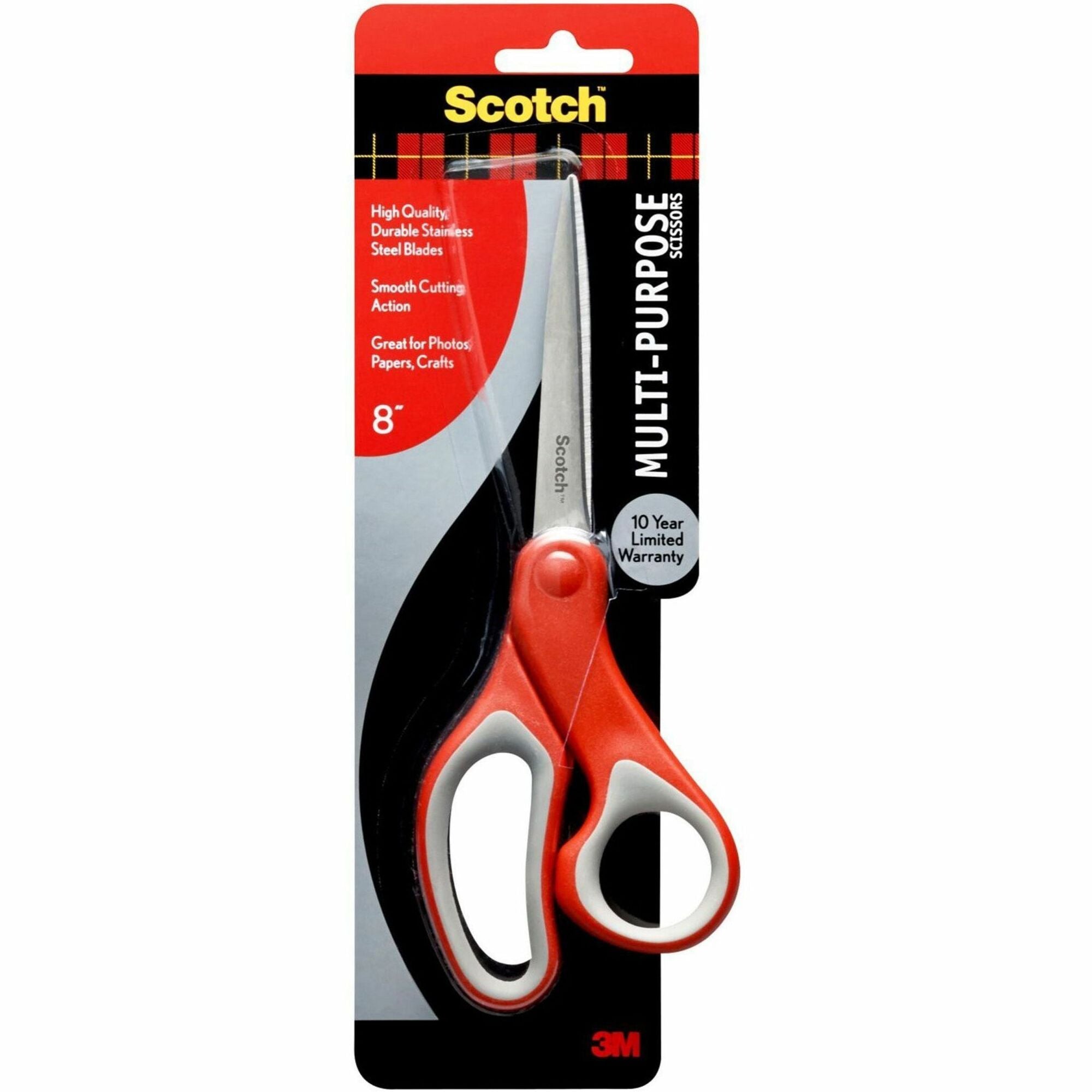 Multi-Purpose Scissors, 8" Long, 3.38" Cut Length, Gray/Red Straight Handle