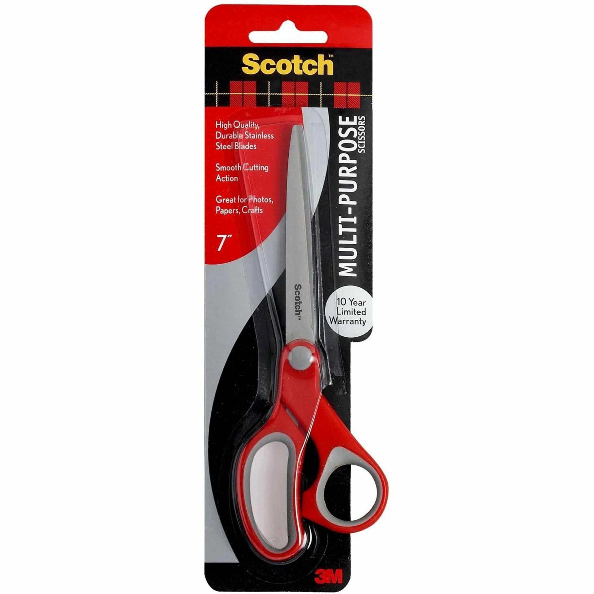 Multi-Purpose Scissors, Pointed Tip, 7" Long, 3.38" Cut Length, Gray/Red Straight Handle